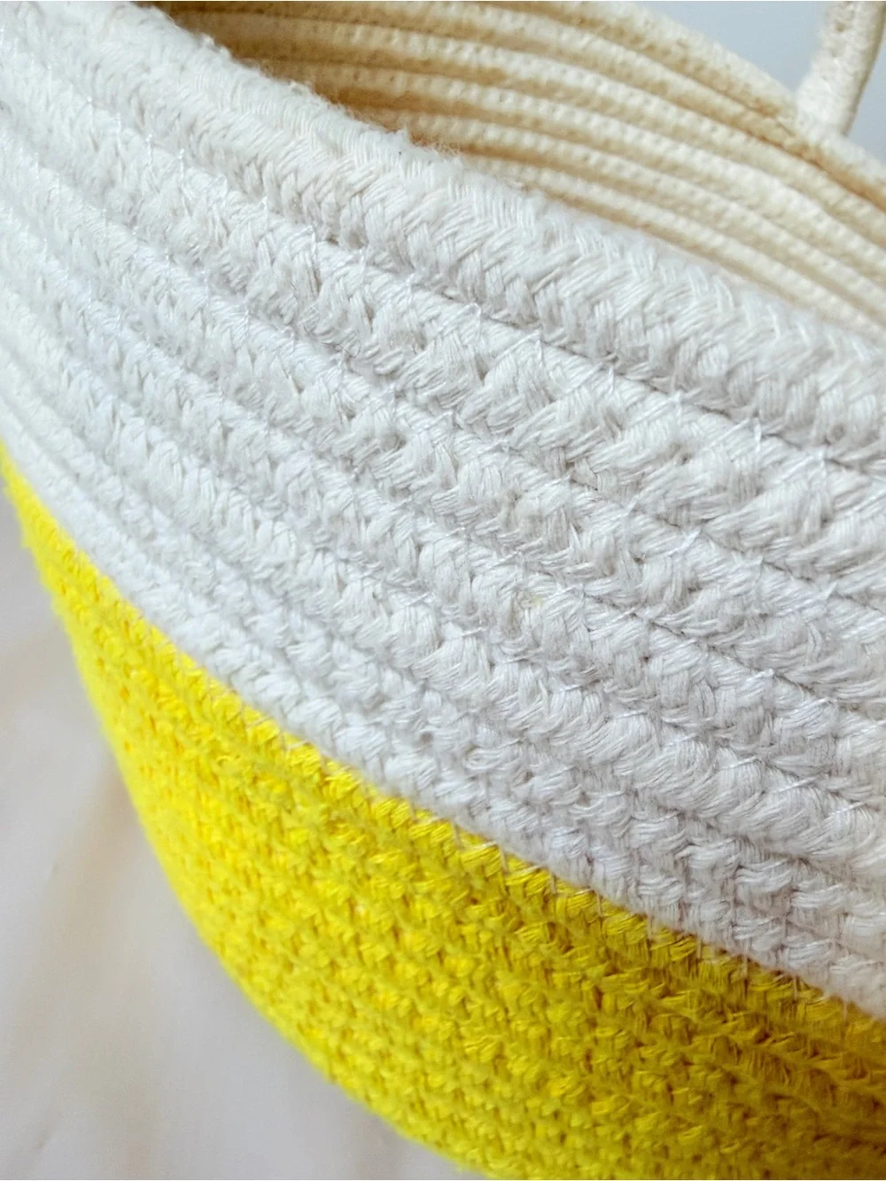 Yellow Cream Coiled Cotton Rope Basket Tote Single Handle Storage Decorative